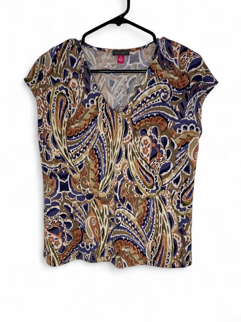 Vince Camuto Navy and Tan Paisley Cap-Sleeve Tee